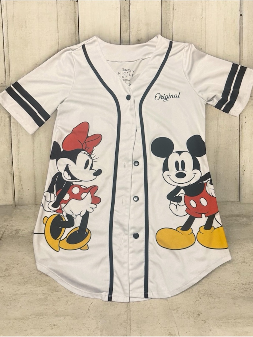Disney White Baseball-Style Button Down Top with Mickey & Minnie Woman’s Med